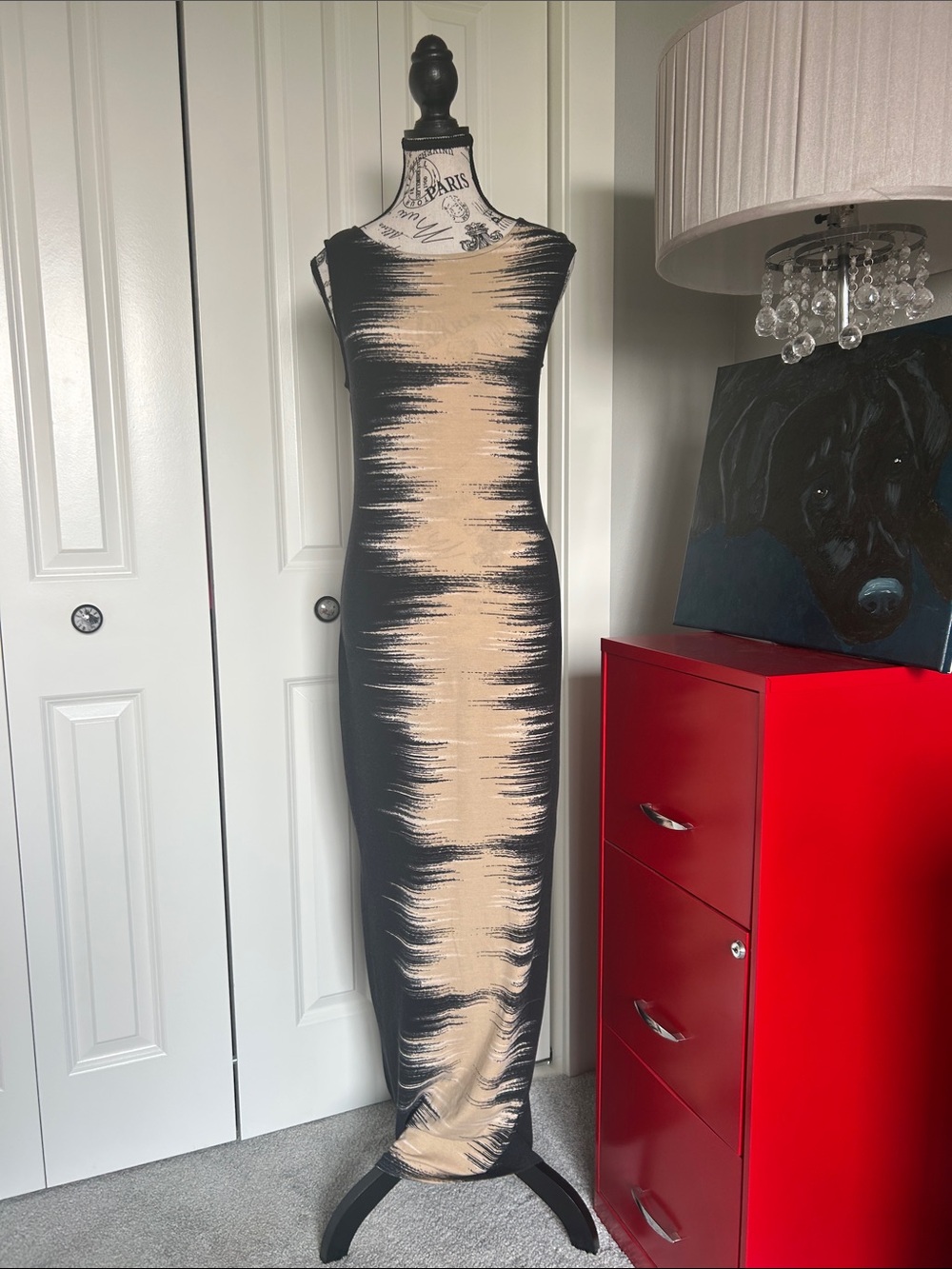 Sleeveless Beige and Black Patterned Bodycon Dress